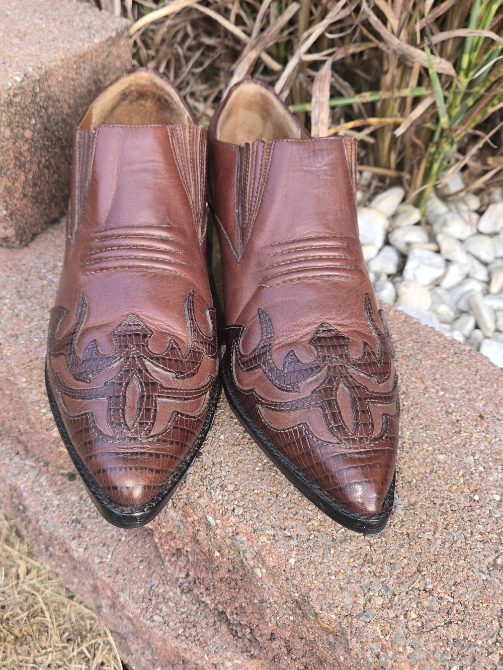 Hunters Club Womens 8M Brown Leather Lizard Print Pointed Toe Western Booties